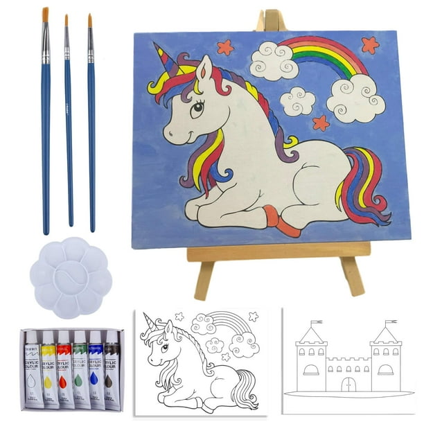 Paint Easel Kids Art Set- 14-Piece Acrylic Painting Kit with 6 Non Toxic Washable Paints 1 Wood Easel 3 Brushes 2 Pre-Stenciled Canvases 8 x 10 inches Palette and Color Mixing Chart Craft Supplies